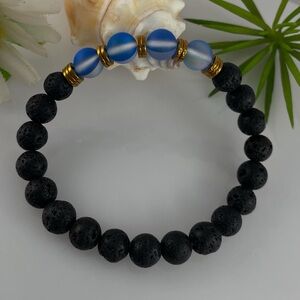 Black Lava Oil Diffuser & Aura Blue Mermaid Glass Beaded Bracelet Gold Plated
